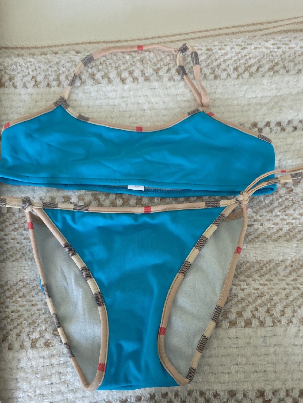 Burberry Teal and Beige Trim Bikini Top